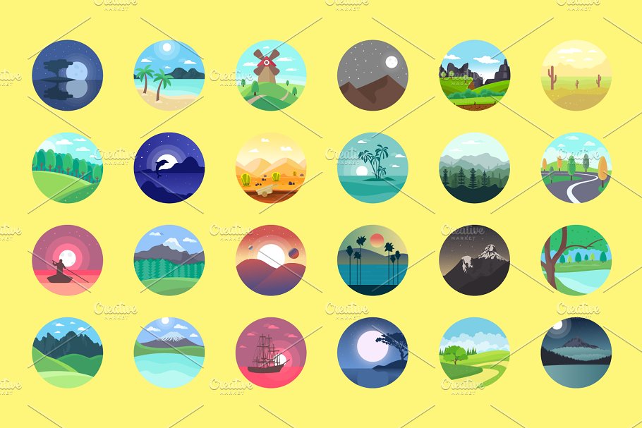 176个扁平风圆形风景图标 176 Flat Rounded Landscape Icons插图(1)