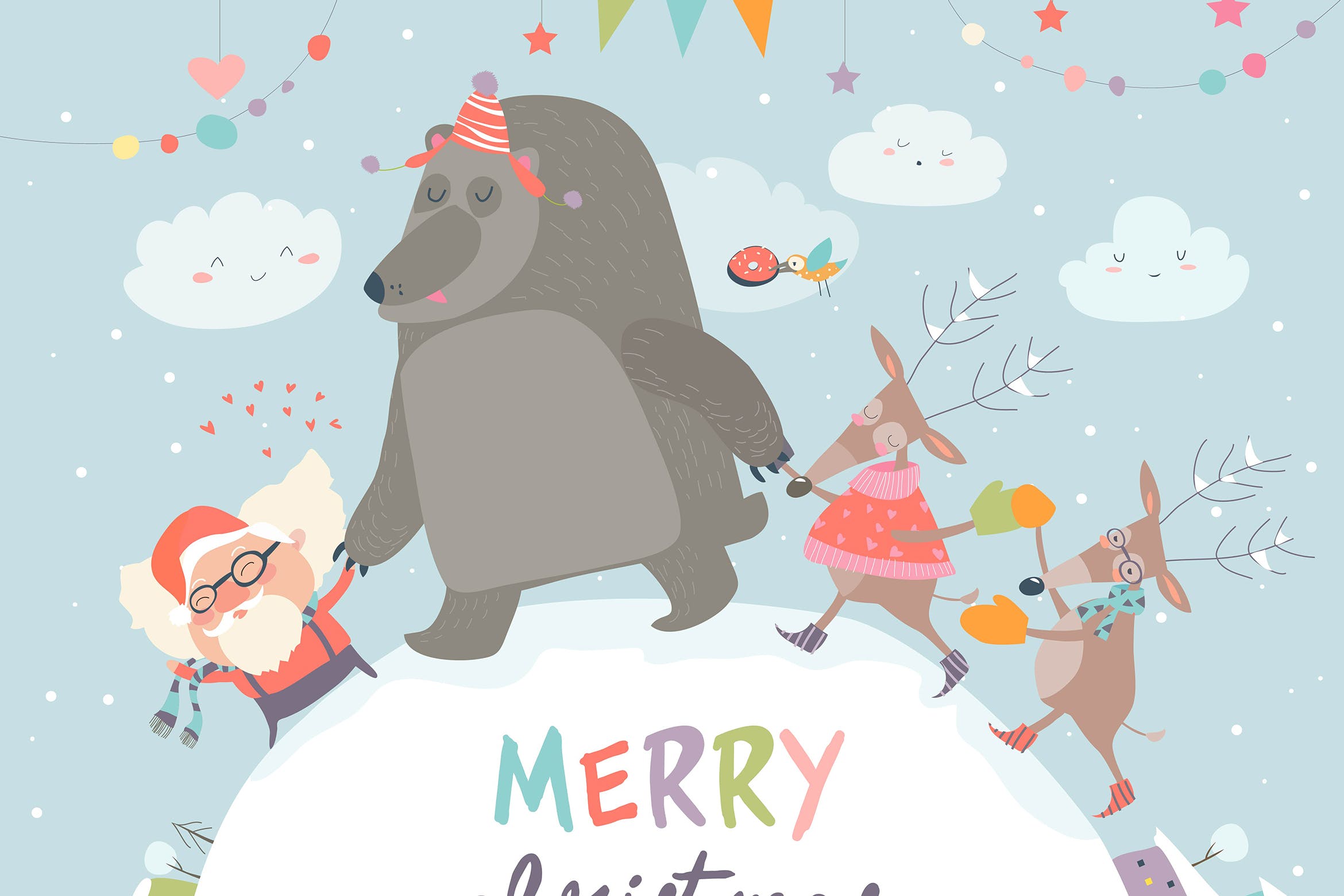圣诞老人/驯鹿/熊圣诞节主题矢量手绘素材 Santa ,reindeers and bear celebrating Christmas插图