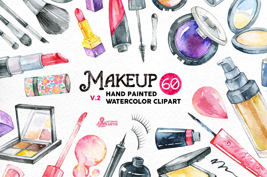 手绘水彩化妆工具插画v2 Watercolor Makeup v.2插图