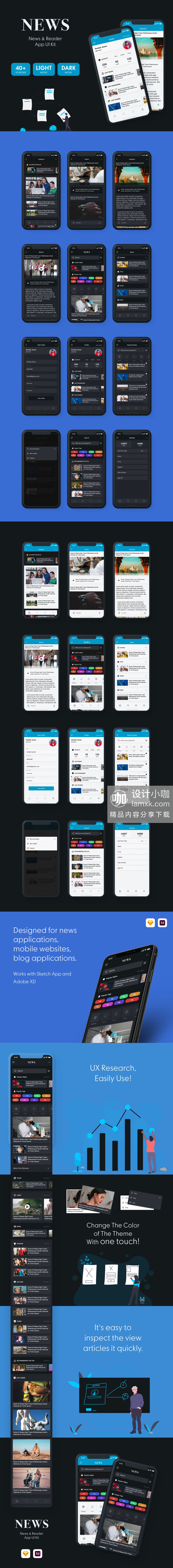 蚂蚁素材下午茶：新闻资讯阅读类APP UI KIT套装模板下载 [Sketch,XD]