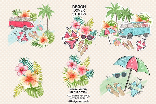 夏季海滩水彩剪贴画设计素材 Go to the Beach design插图(1)