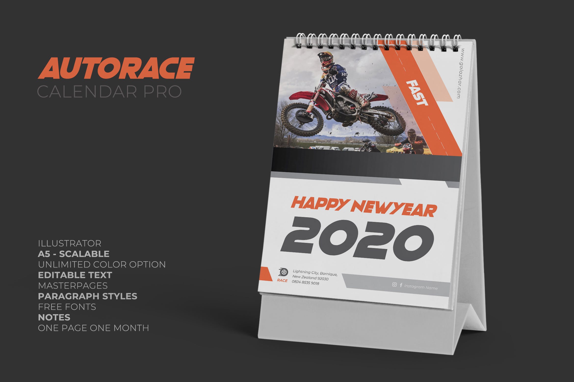 汽车竞赛主题2020年活页台历设计模板 2020 Auto Race Calendar Pro插图