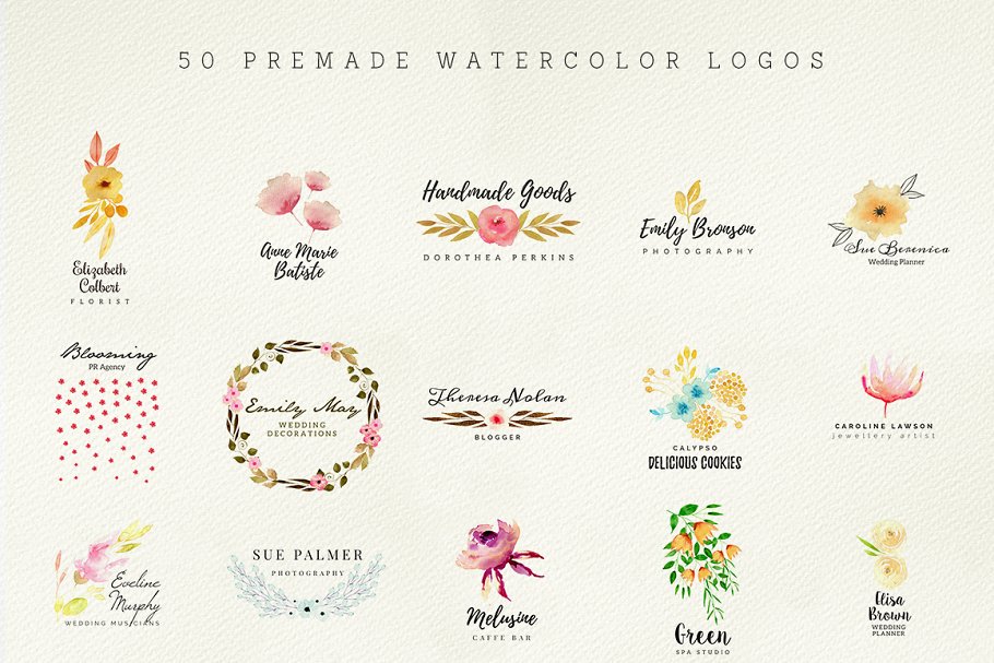 50枚预设水彩风格Logo模板 50 Premade Watercolor Logos插图4