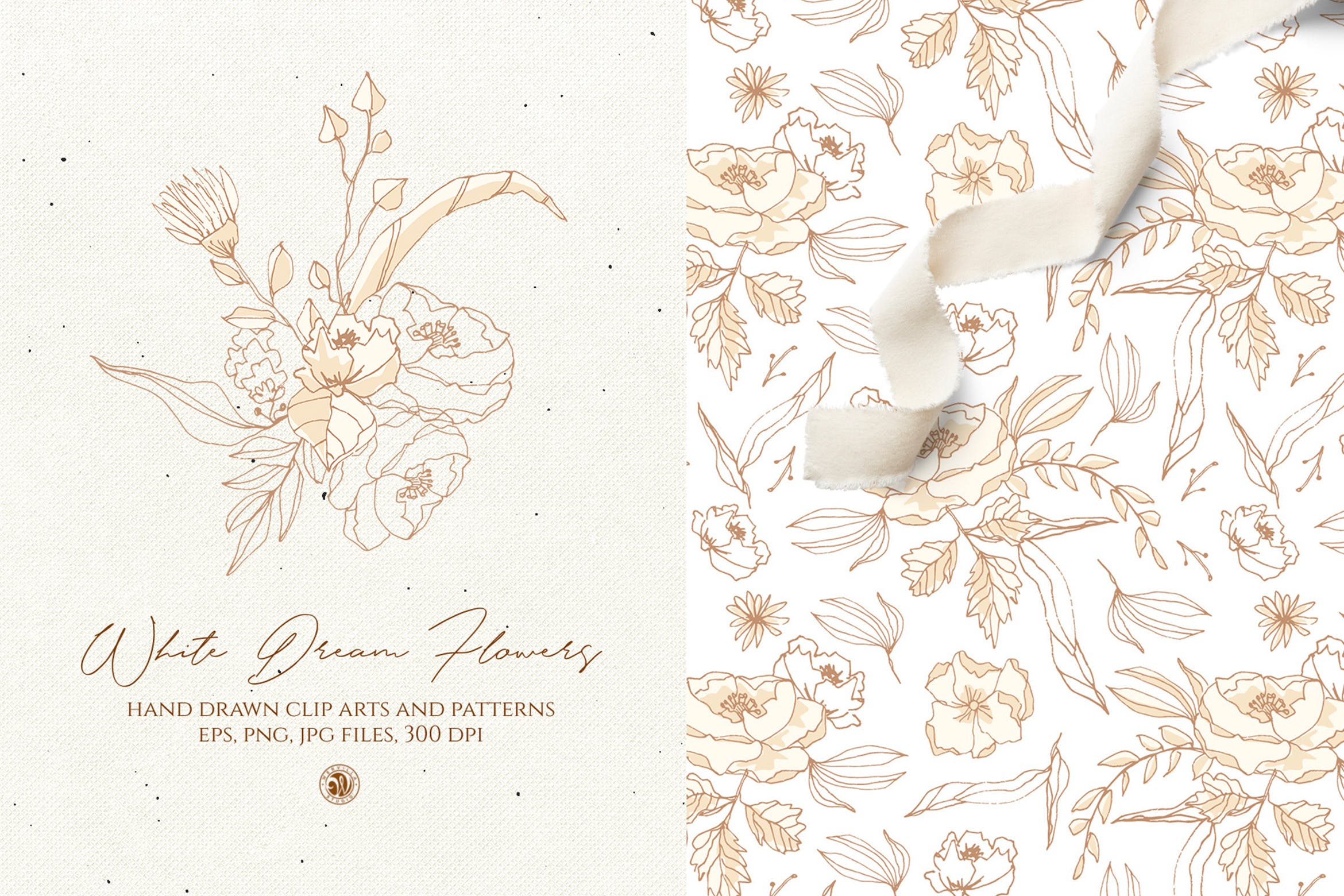 白色梦幻花卉手绘图案矢量素材 White Dream Flowers插图