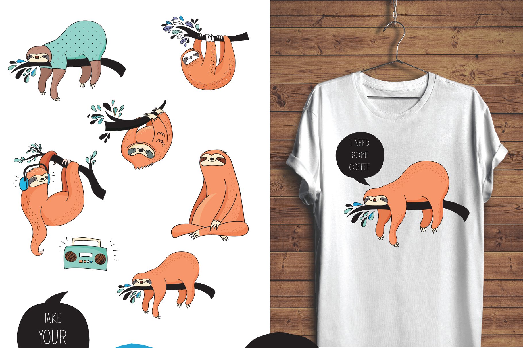 可爱的树懒图标、卡片、图案 Cute sloths icons, cards, patterns插图1