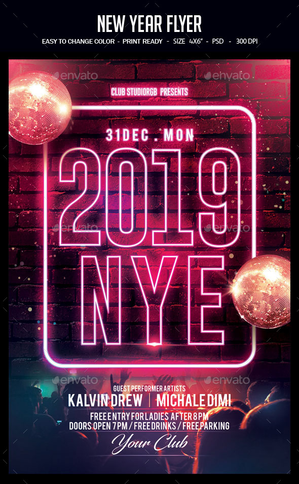 霓虹灯效果的新年海报模板下载 New Year Flyer [psd]插图