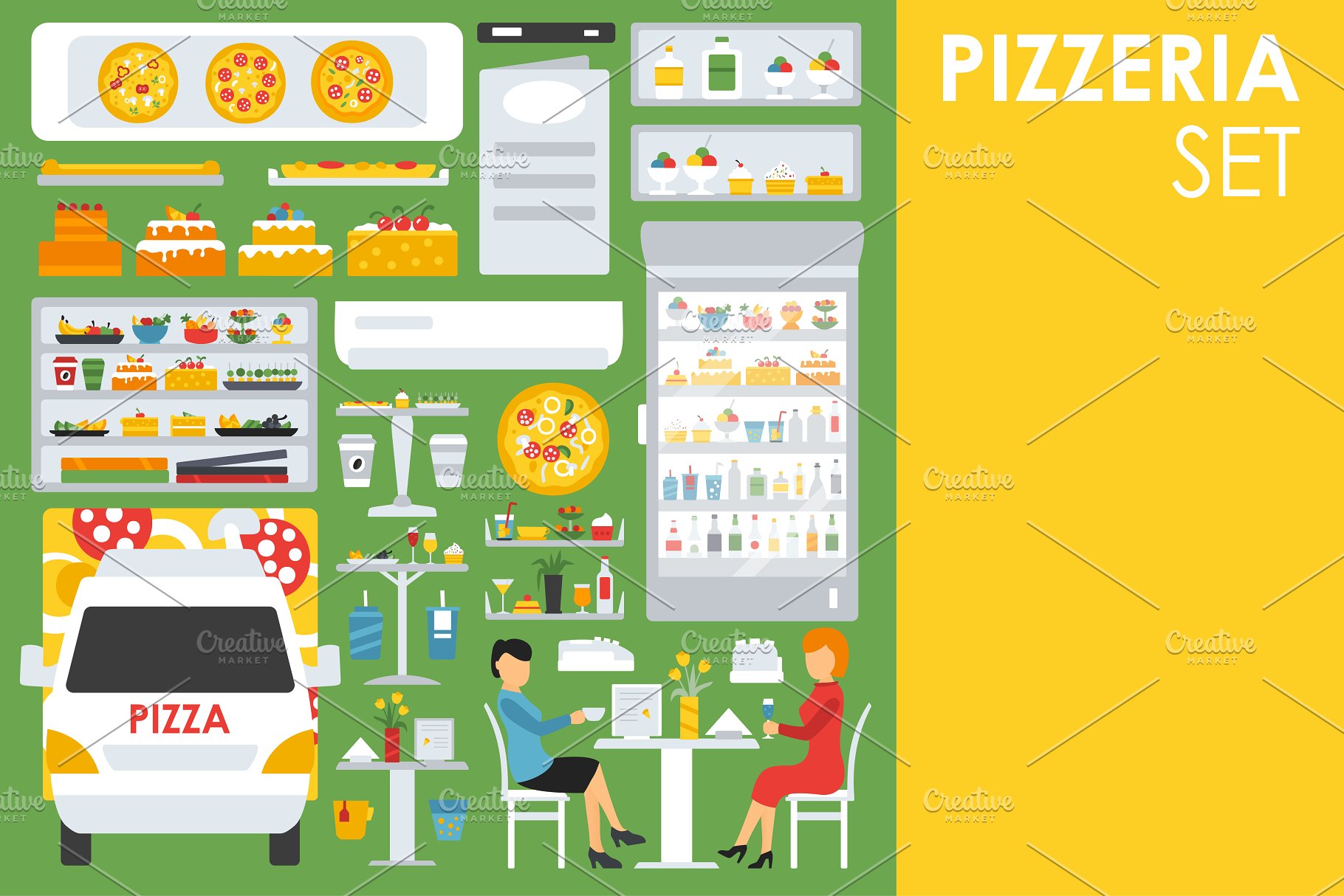 披萨店扁平设计风格设计元素 Pizzeria Flat Objects 9 collections插图(2)