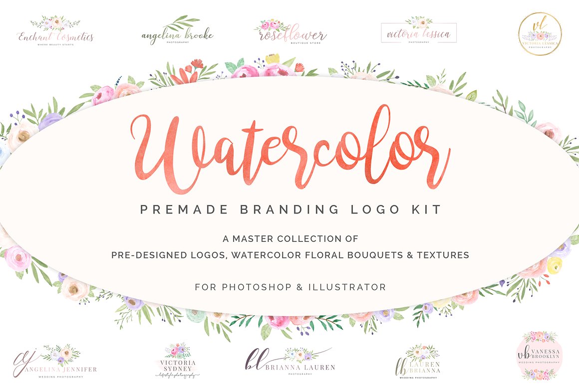 超级水彩风 Logo 设计素材包 Watercolor Premade Branding Logo Kit [模板、纹理&元素]插图