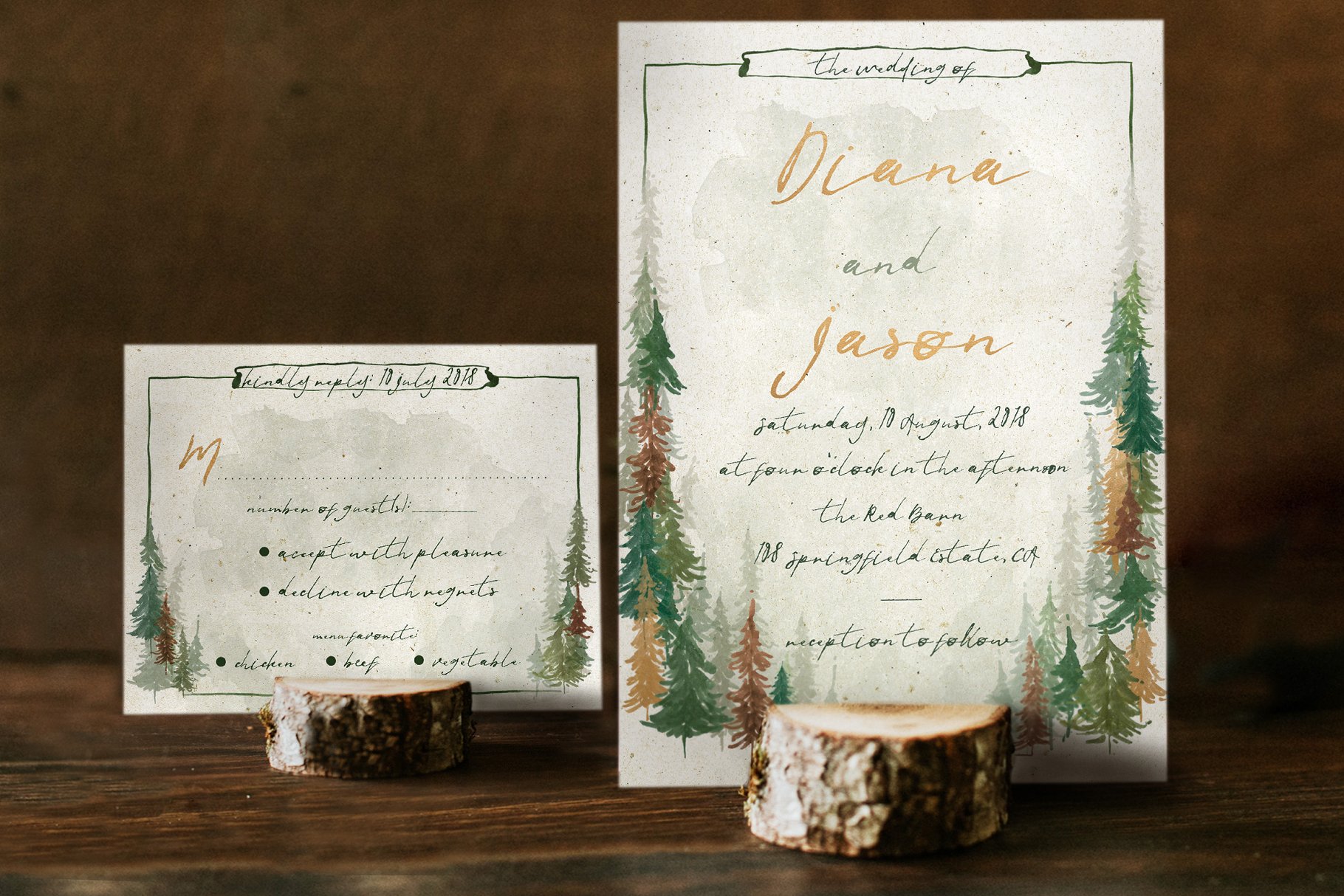 水彩森林背景婚礼设计物料模板 Watercolor Forest Wedding Suite插图(3)