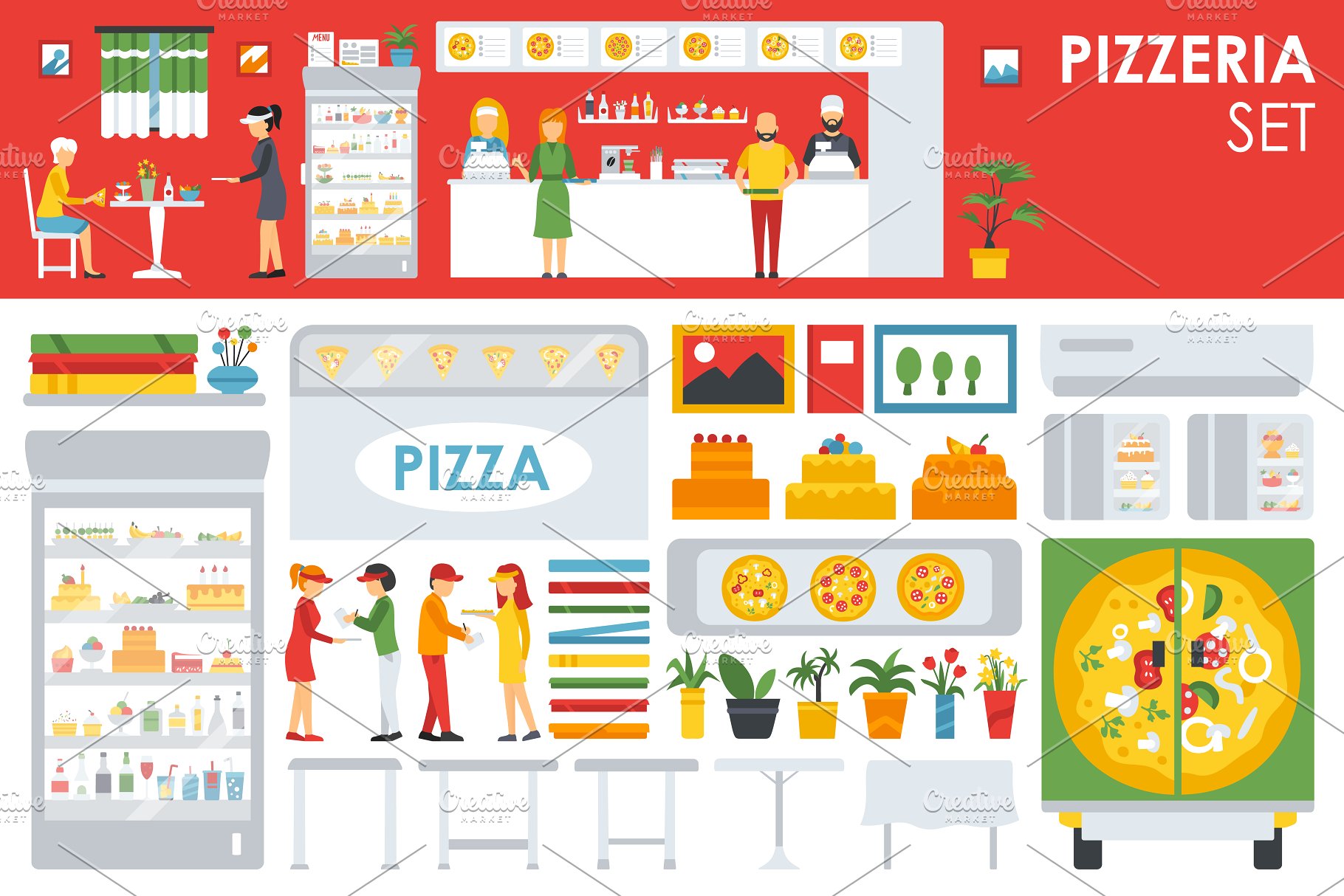 披萨店扁平设计风格设计元素 Pizzeria Flat Objects 9 collections插图(7)