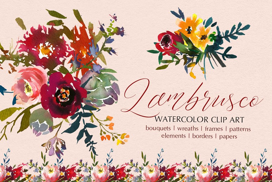 波尔多水彩花卉艺术设计素材 Bordo Watercolor Floral Clip Art Set插图