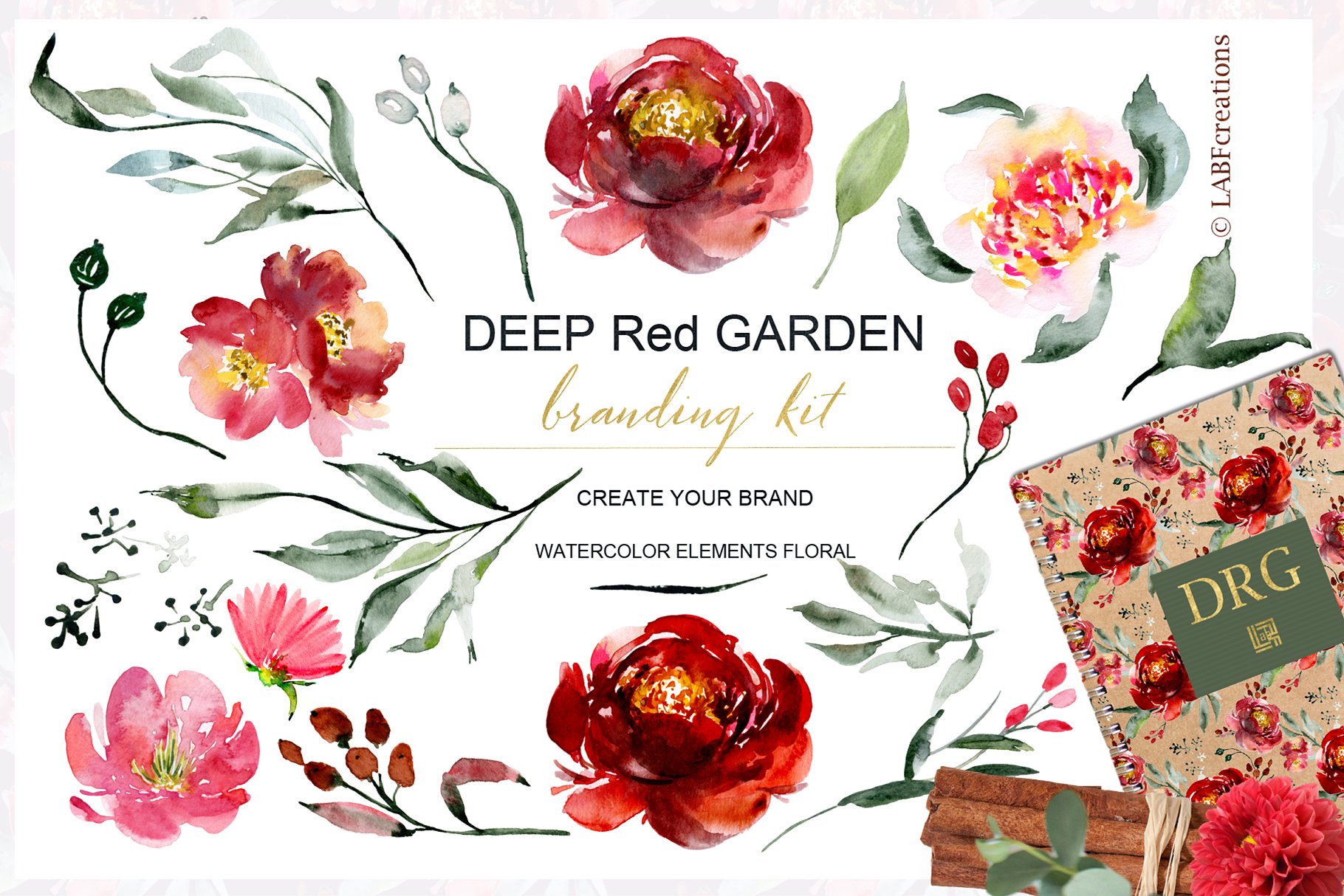 深红色水彩花卉元素 Deep red garden. Branding kit.插图(4)