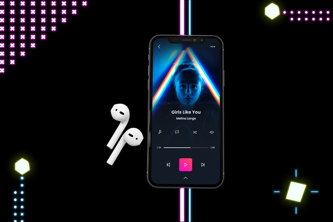 在线音乐APP设计效果图样机模板 Neon Music App MockUp插图(4)