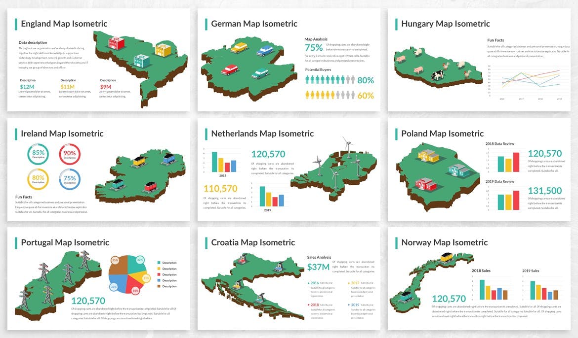 欧洲国家地区地图图形PPT幻灯片设计素材 Europe Maps Isometric & Legends For Powerpoint插图2