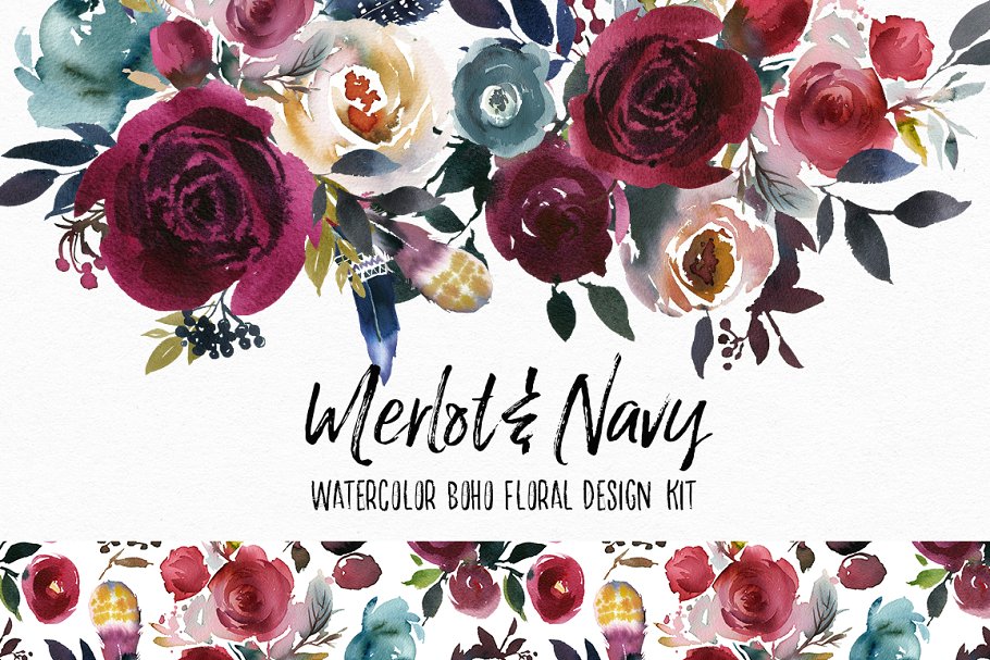 梅洛红&海军蓝水彩花卉设计素材包 Merlot & Navy Boho Floral Design Kit插图