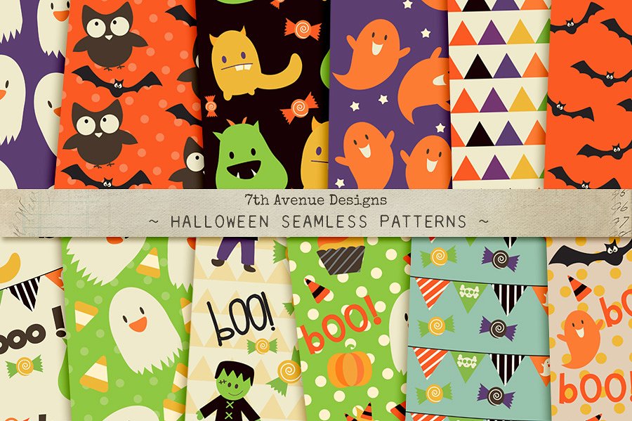 万圣节可爱派对节日元素纹理 Halloween Seamless Patterns插图
