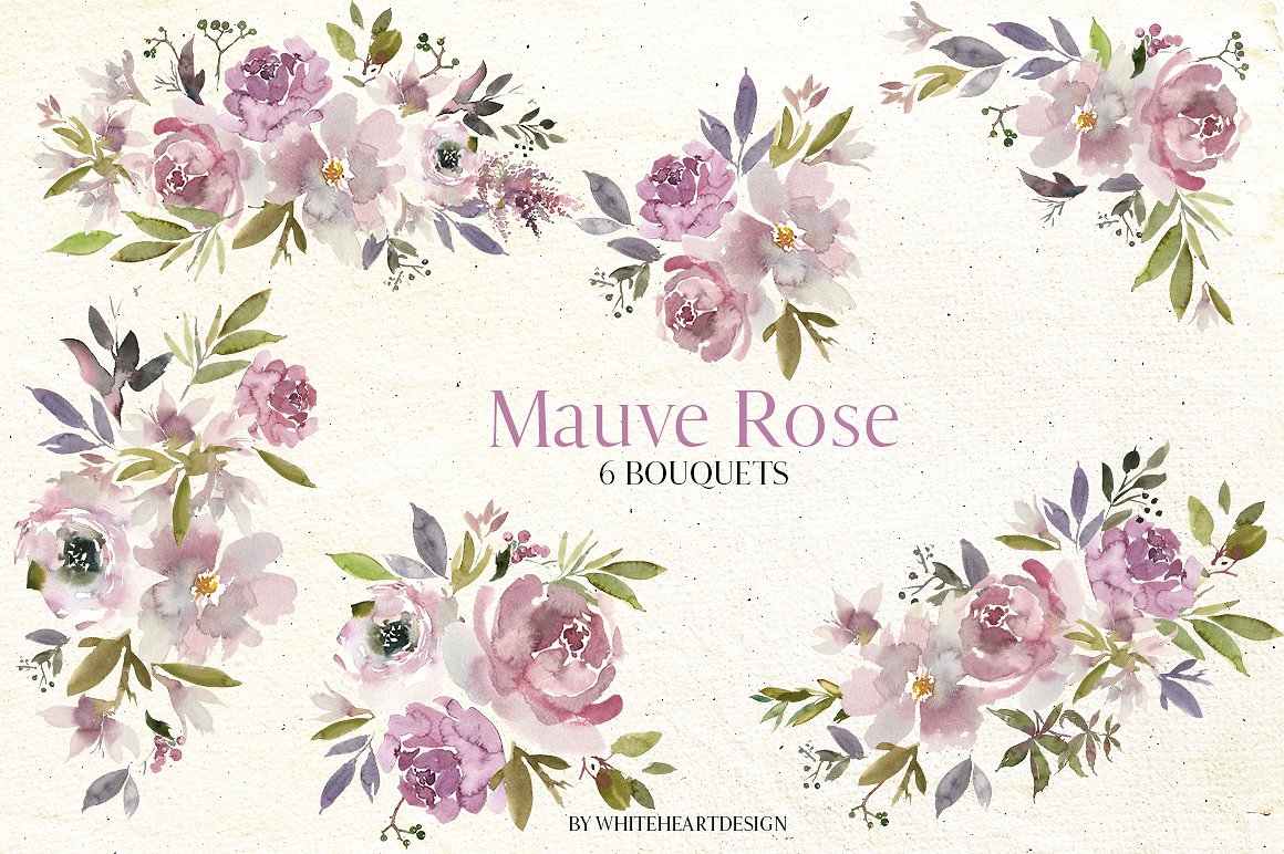 淡紫色玫瑰水彩花卉剪贴画 Mauve Rose Watercolor Floral Clipart插图1