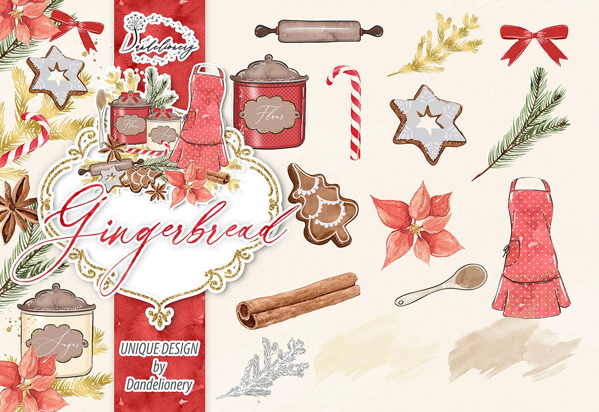 圣诞节节日主题水彩手绘剪贴画PNG素材 Christmas Gingerbread design插图(3)