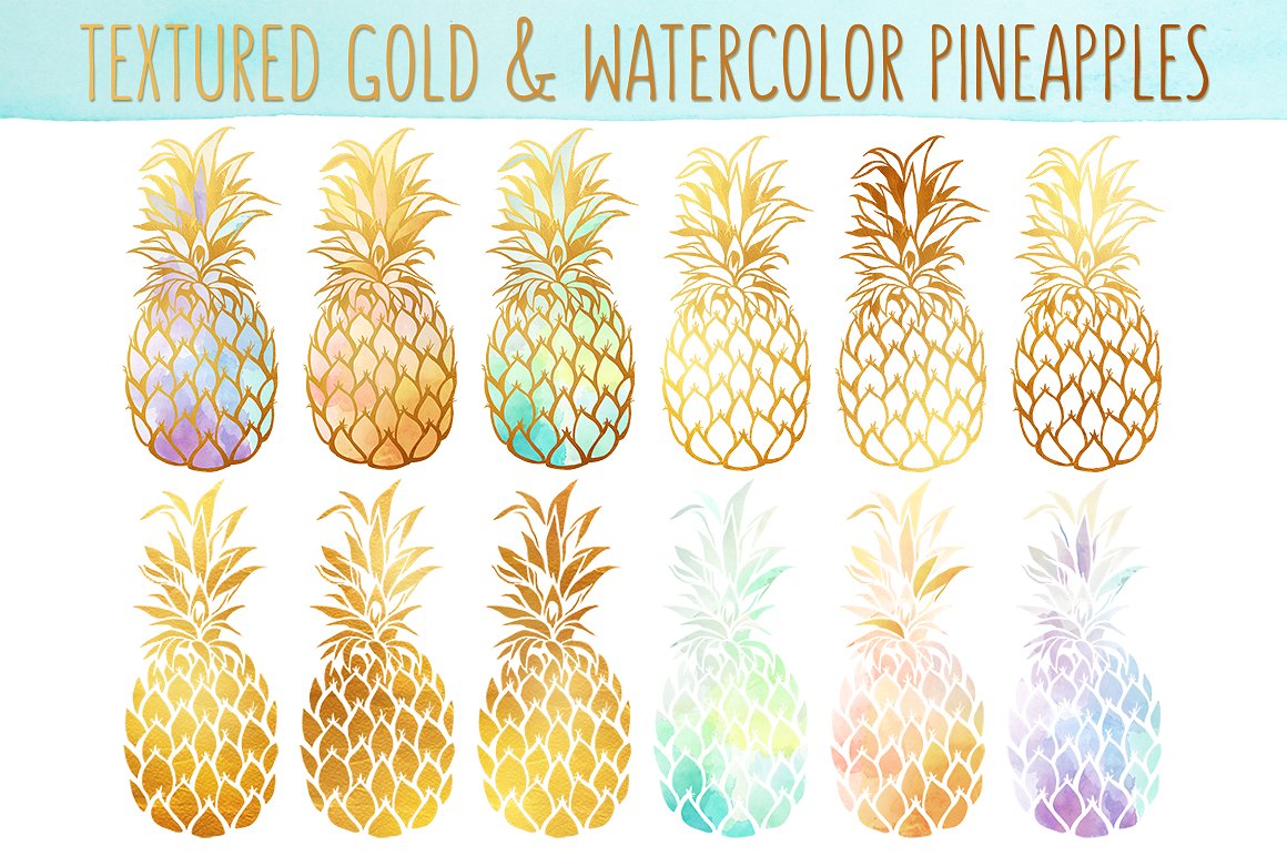 水彩&金色菠萝矢量图形 Watercolor & Gold Pineapples Bundle插图