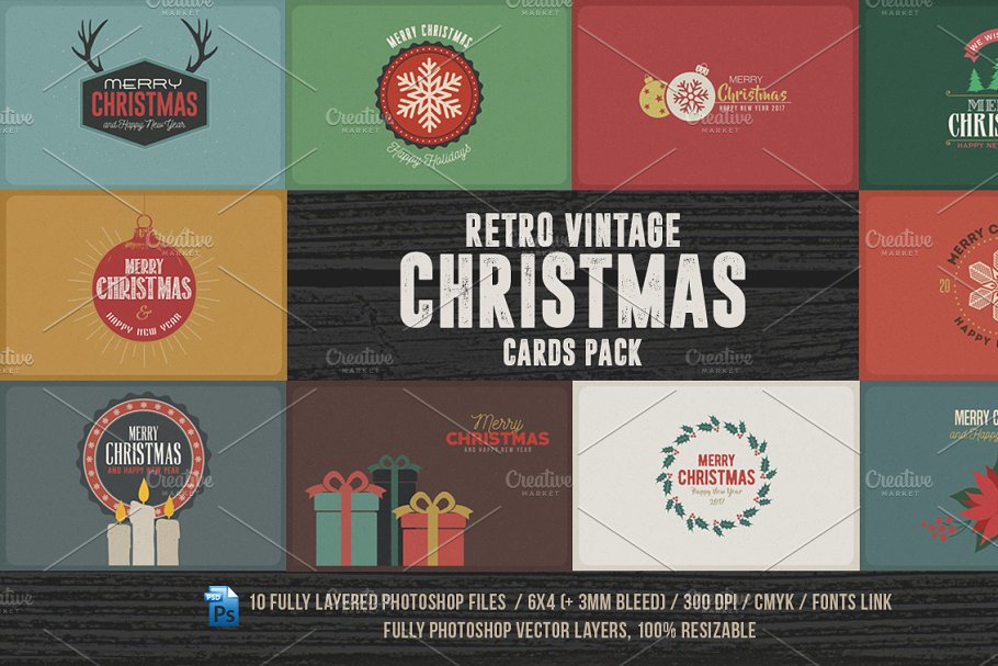 复古圣诞节日贺卡模板合集 Retro/Vintage Christmas Cards Pack插图