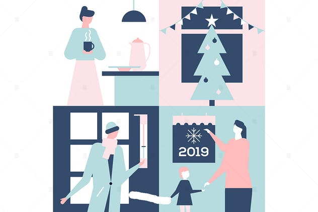 2019年新年扁平化设计风格插画3 Happy New Year – flat design style illustration插图1