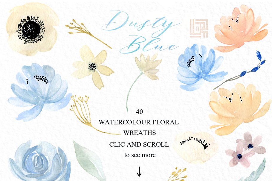 灰蓝色&金色水彩花卉图案 Dusty blue gold. Watercolor floral插图7