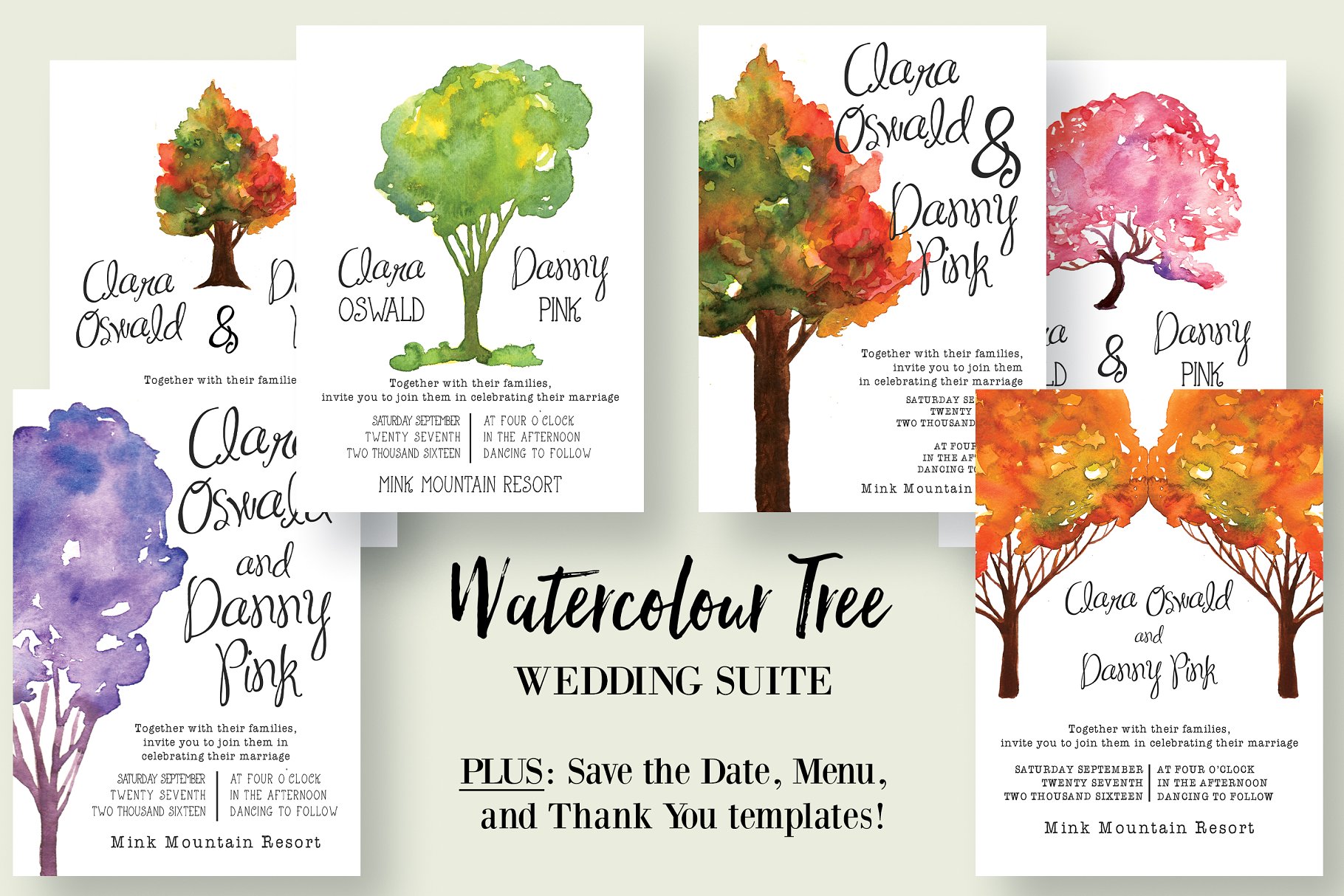 水彩树木婚礼邀请函模板套装 Watercolour Tree Wedding Suite 2.0插图