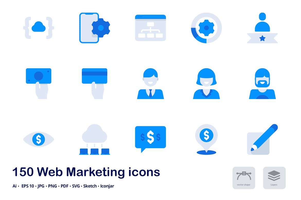 150枚网站营销双色调扁平化图标素材 Web Marketing Accent Duo Tone Flat Icons插图(1)