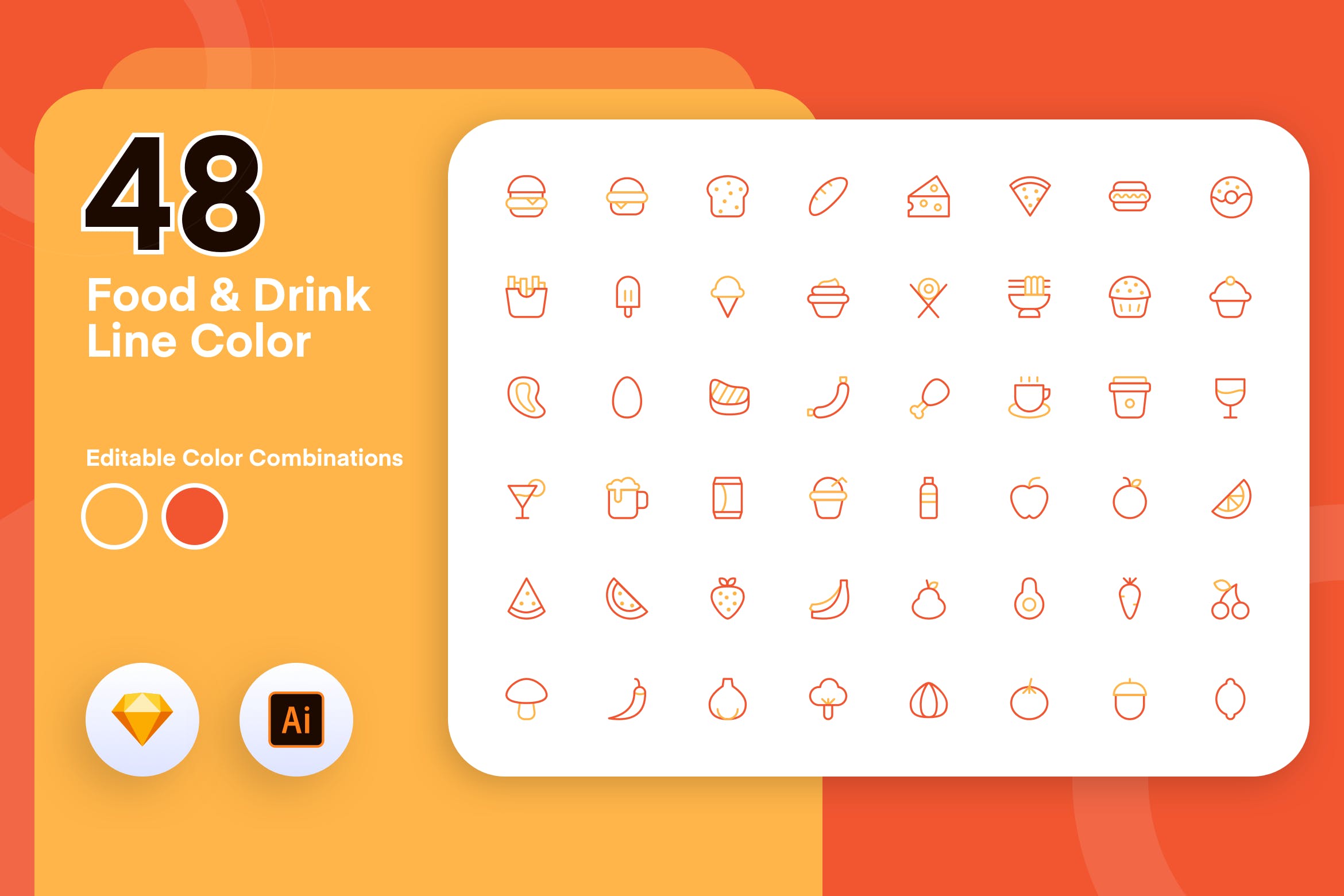 48枚食物&饮料彩色线性矢量图标 Food & Drink Line Color插图