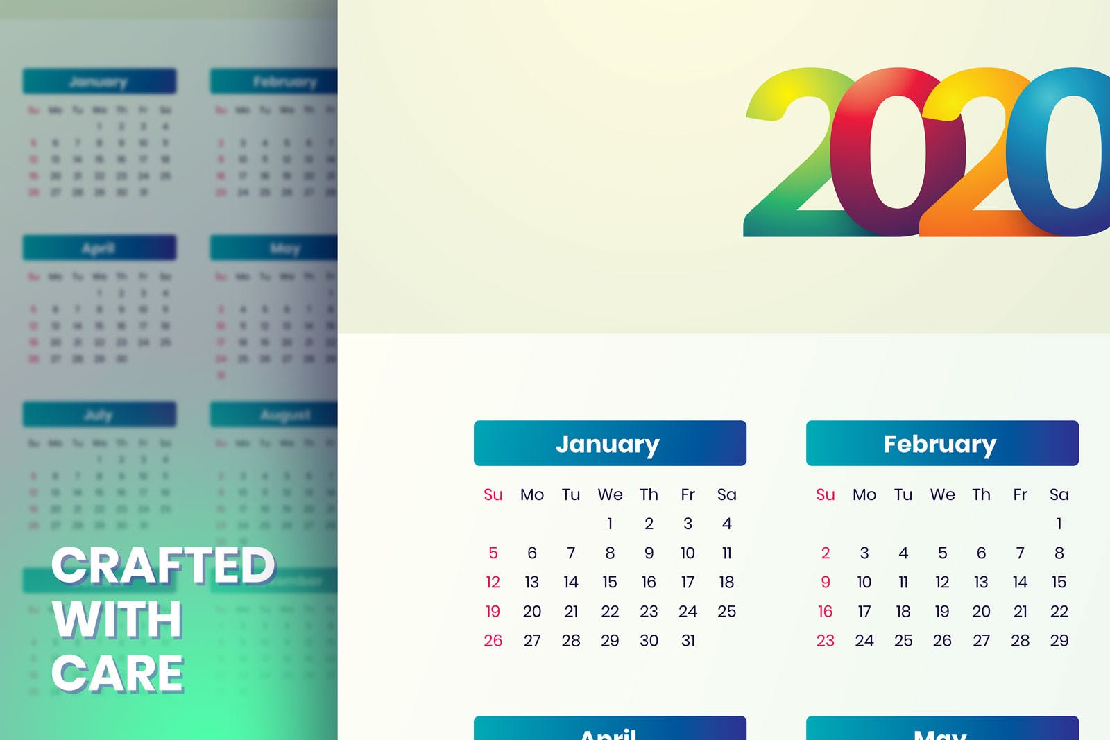 极简风格2020年单页日历表设计模板 Simple Calendar 2020插图(3)