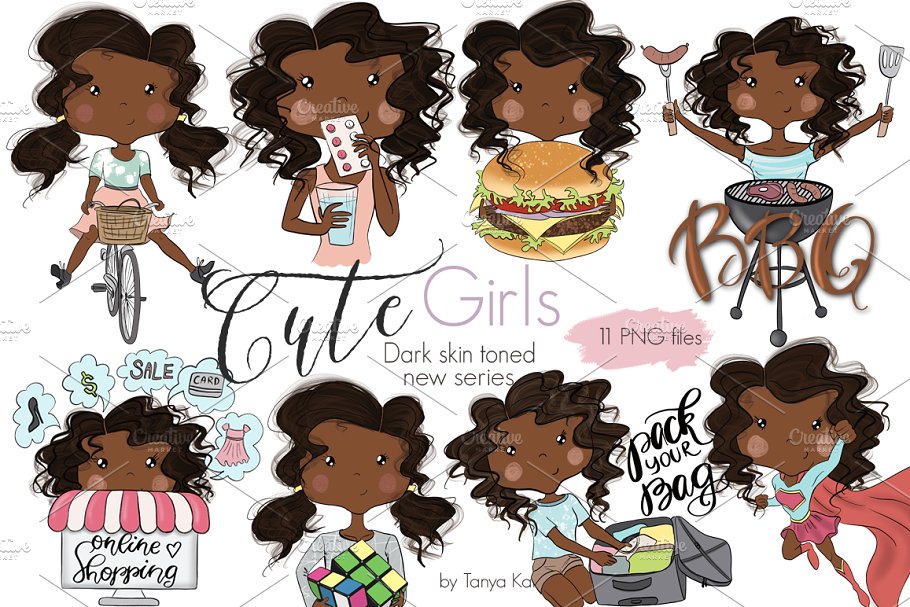 可爱女孩和独角兽女孩卡通形象插画 Cute Girls & Unicorn Girl Collection插图(2)