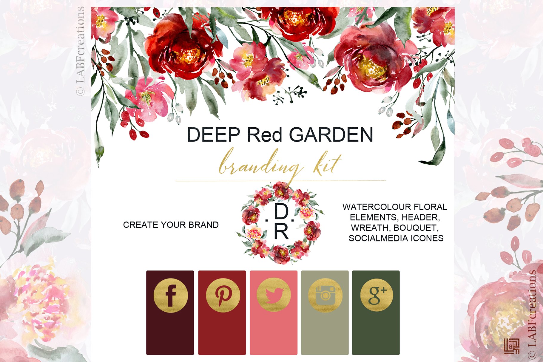 深红色水彩花卉元素 Deep red garden. Branding kit.插图