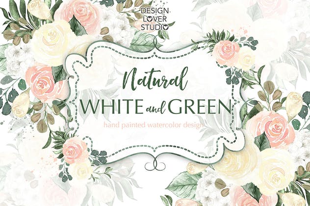 白色&绿色水彩花卉设计插画素材 Watercolor flowers white and green design插图(1)