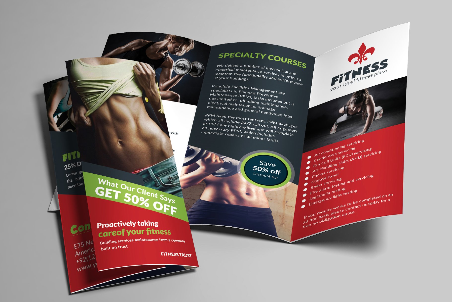 健身健美机构宣传小册子模板合集 Fitness Trifold Brochures Bundle插图(3)