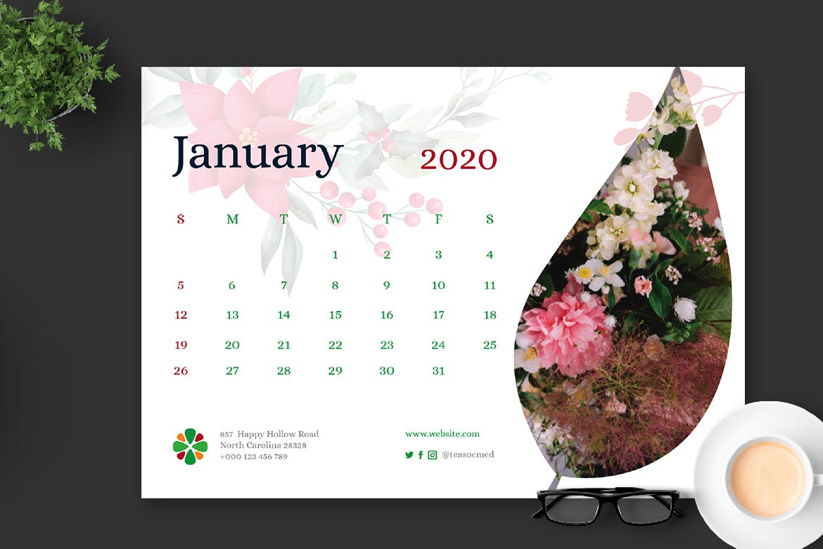 2020年花卉主题翻页台历设计模板 2020 Clean Florist Calendar Pro插图(1)