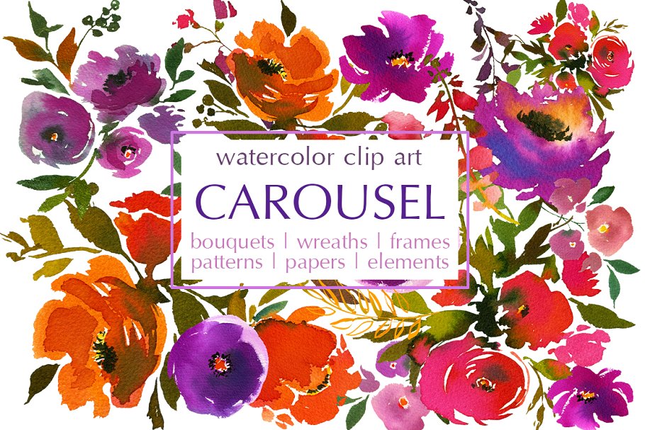 水彩花卉剪辑艺术（图形、纹理、纸张…） Carousel Watercolor Floral Clip Art插图