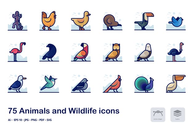 动物世界描边矢量图标合集 Animals Detailed Filled Outline Icons插图2