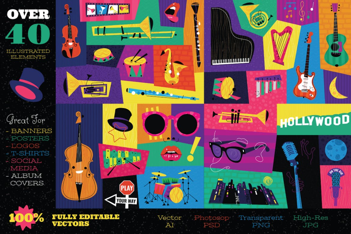 好莱坞经典音乐剧/老式爵士乐矢量插画&海报设计模板 Musical Illustrations and Poster Templates插图1