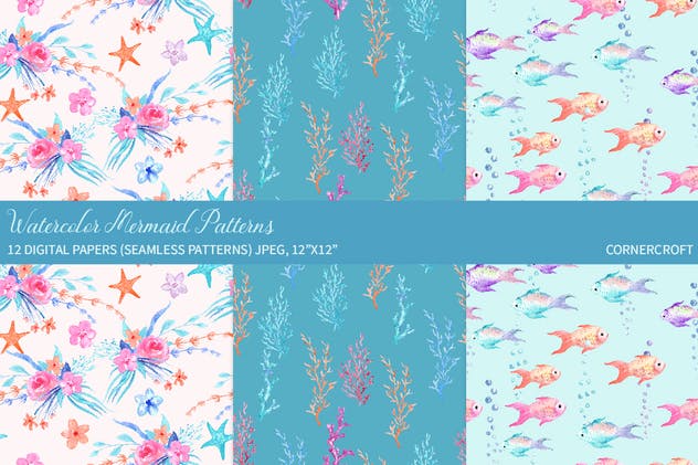 水彩手绘美人鱼图案纸张背景素材 Watercolor Mermaid Digital Paper插图(4)