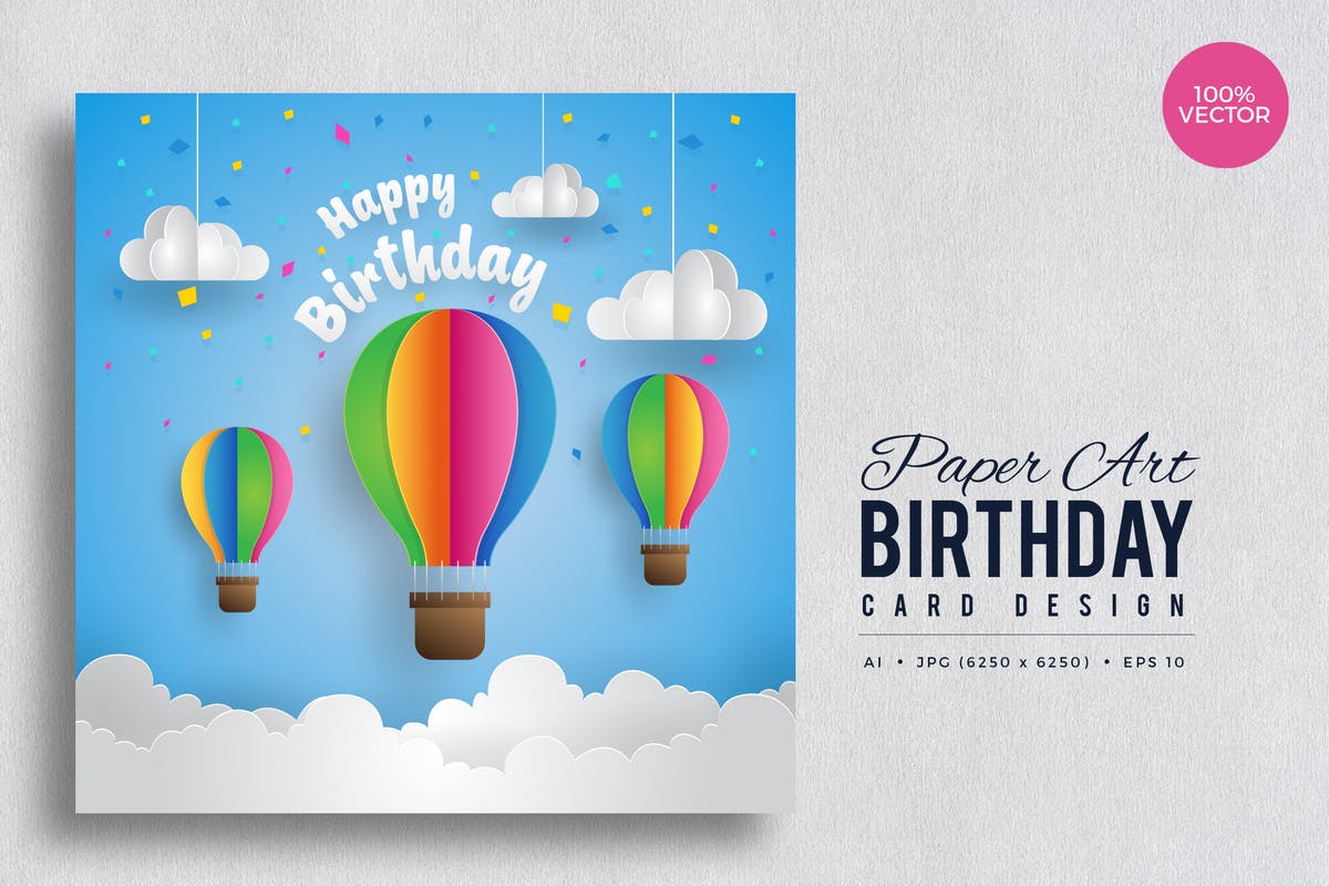 热气球剪纸艺术设计生日快乐贺卡矢量模板v3 Paper Art Happy Birthday Vector Card Vol.3插图