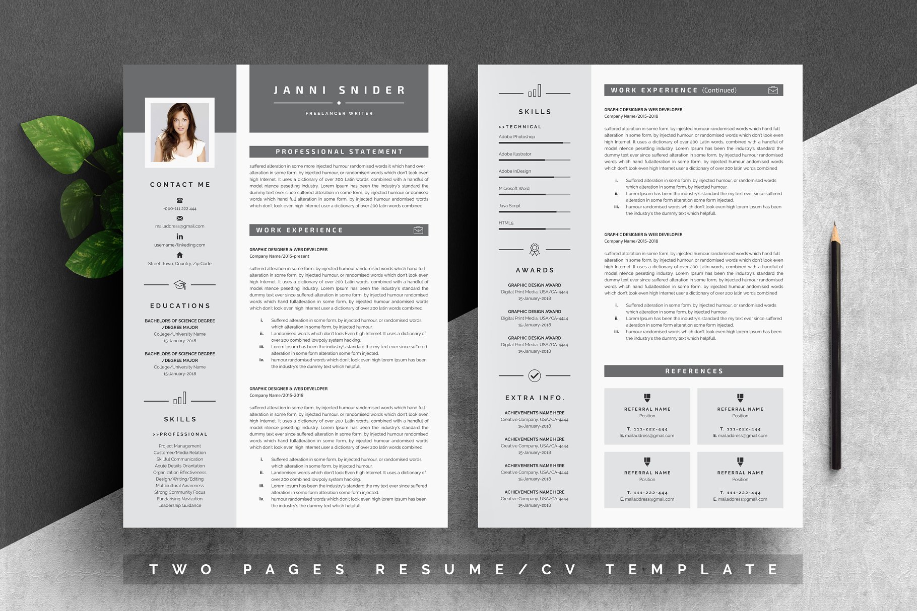 两列式简约个人简历模板 Word Resume Template插图(1)