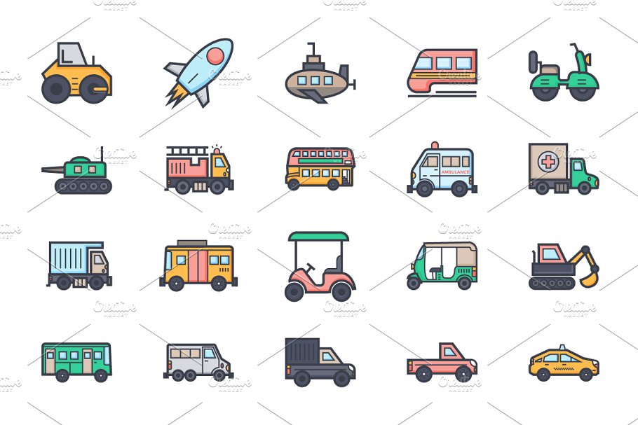 100+扁平化交通工具图标集 100+ Flat Transport Icons Set插图(2)