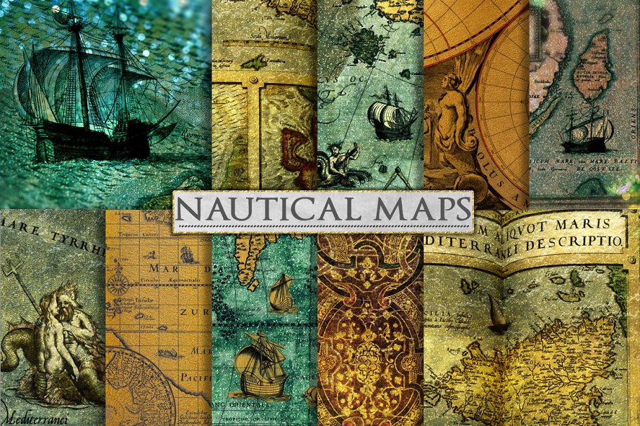 复古奢华航海世界地图背景纹理 Nautical Backgrounds – Sea Map Art插图