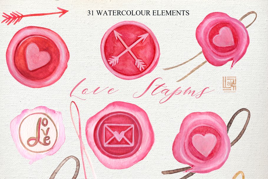 浪漫而温柔的爱情心形元素印章插画 Love stamps envelopes hearts clipart插图