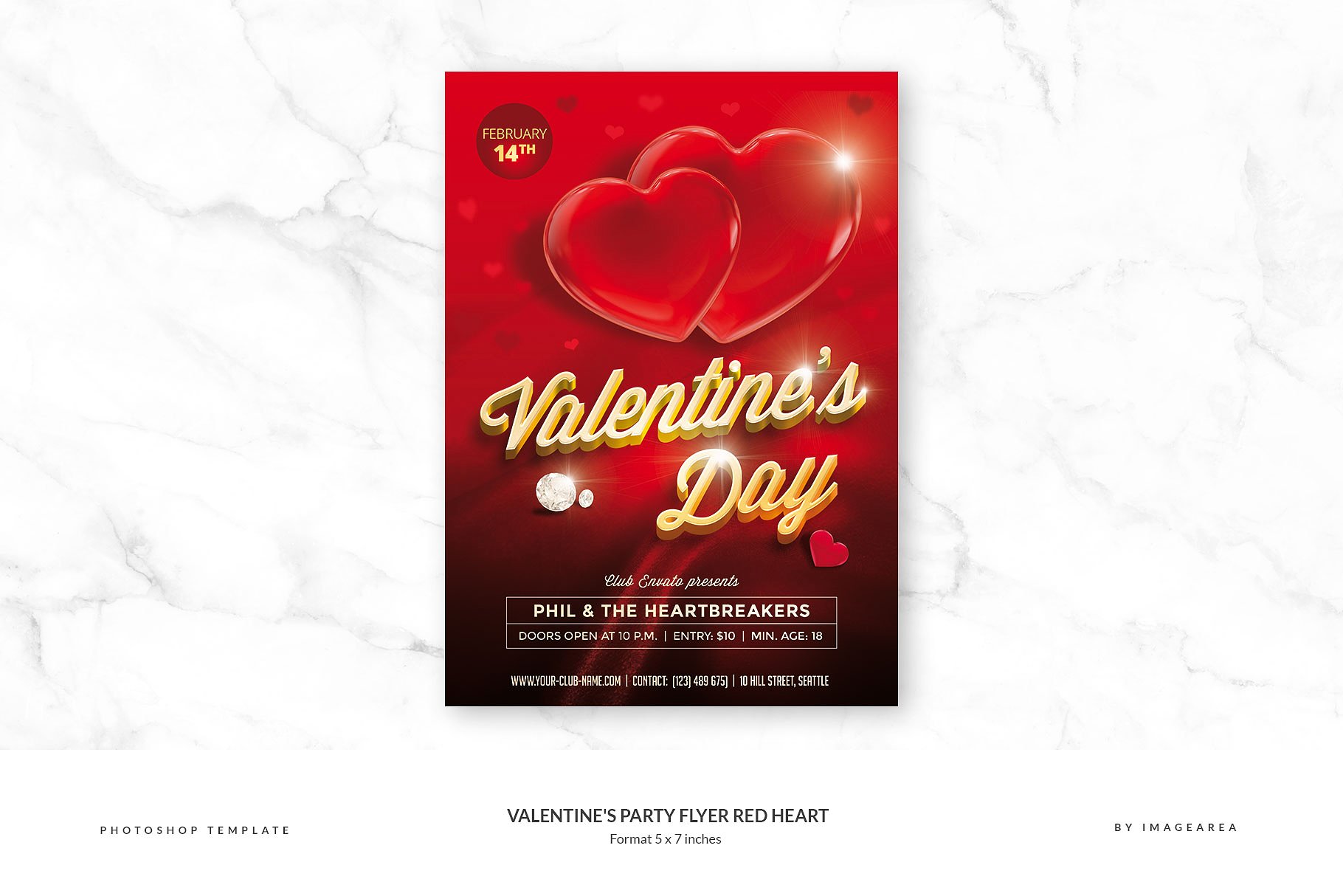 大红心-情人节活动派对传单模板  Valentine\\\\’s Party Flyer Red Heart插图