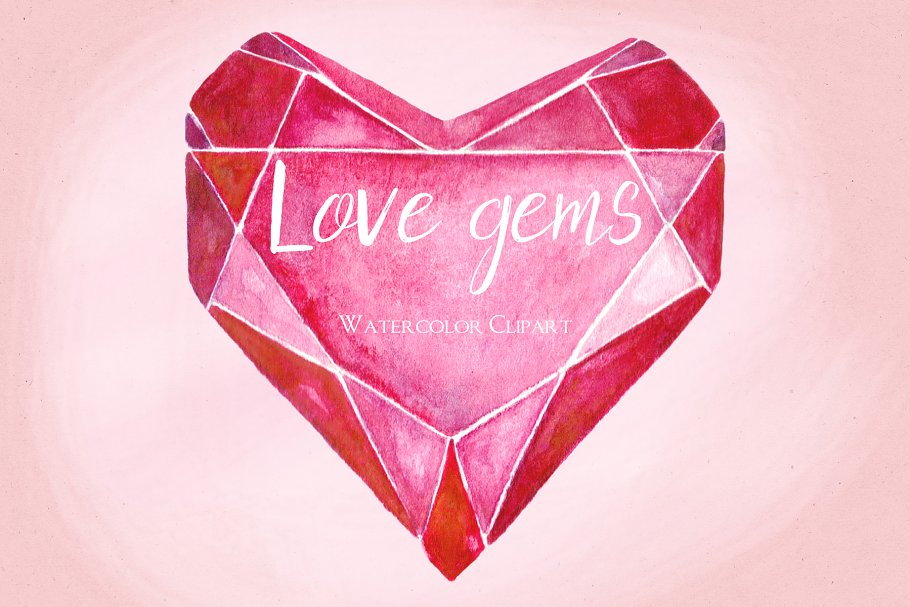 浪漫柔嫩水彩宝石剪贴画 Valentine’s clipart. Hearts gems.插图(4)