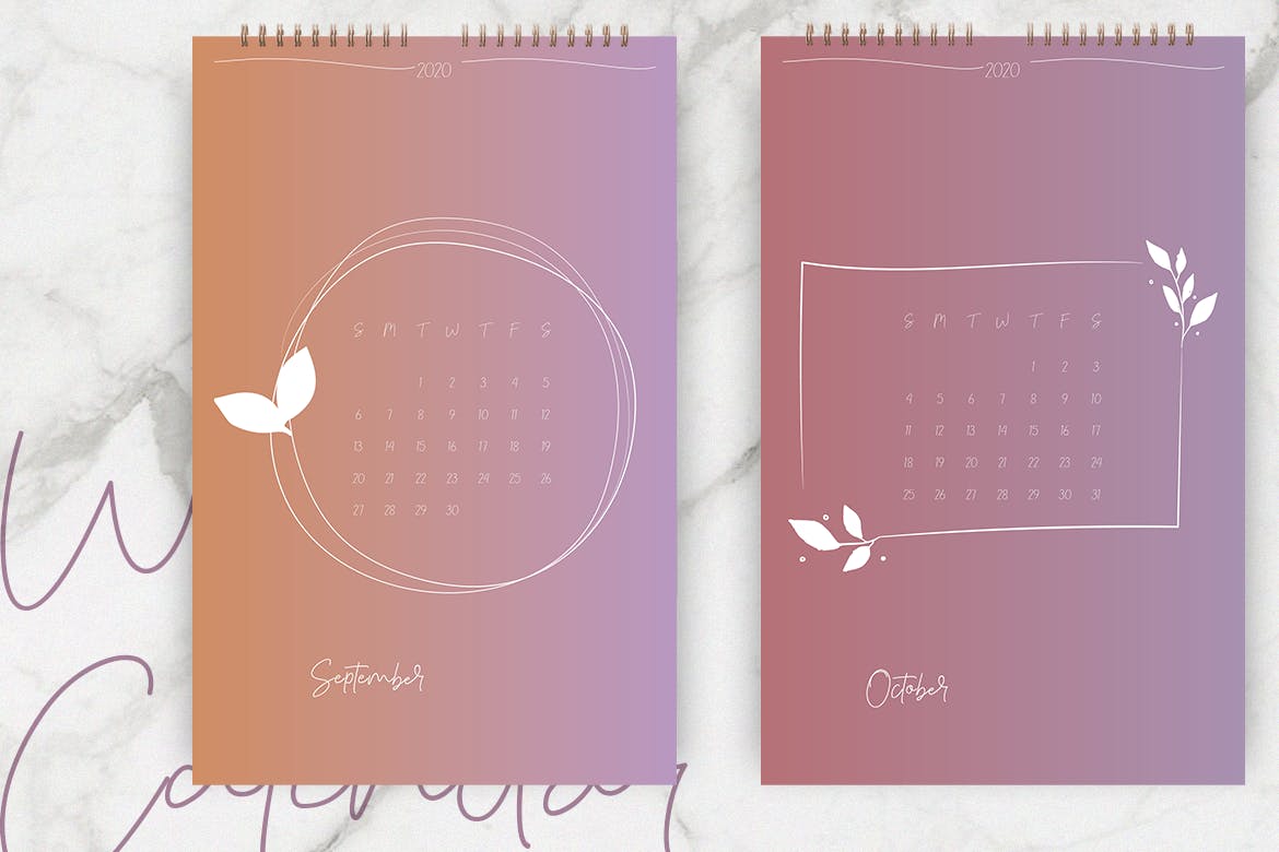 2020年简约植物手绘图案日历表设计模板 Wall Calendar 2020 Layout插图6