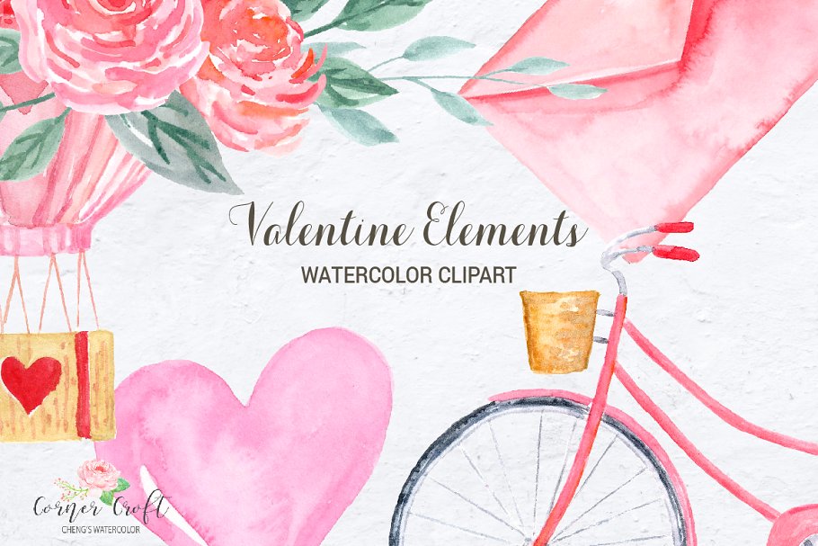 手绘水彩情人节元素剪贴画 Watercolor Valentine Elements插图(5)