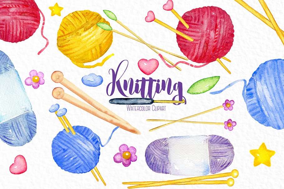 针织毛线水彩剪贴画图案 Knittings watercolor clipart插图