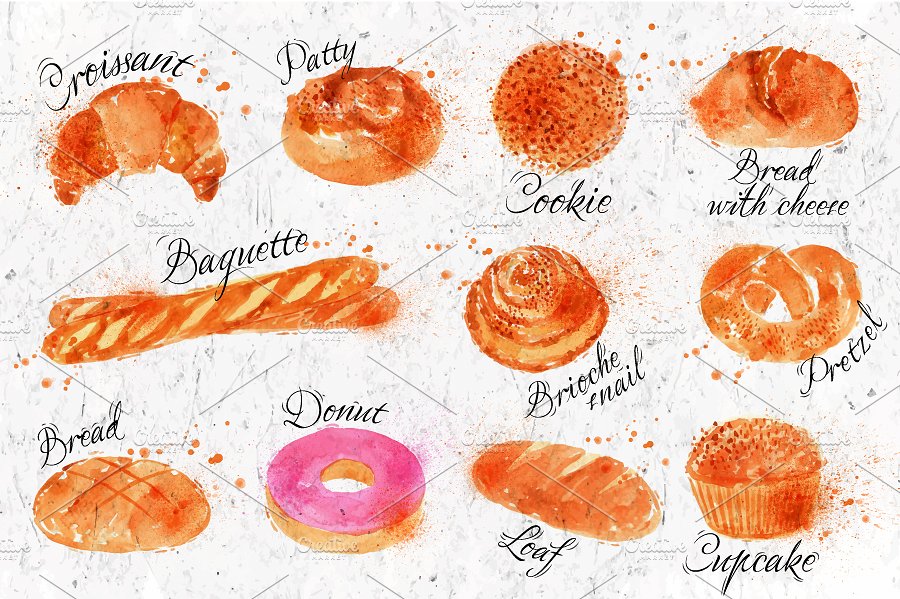 手绘水彩烘焙面包剪贴画合集 Bread products watercolor插图